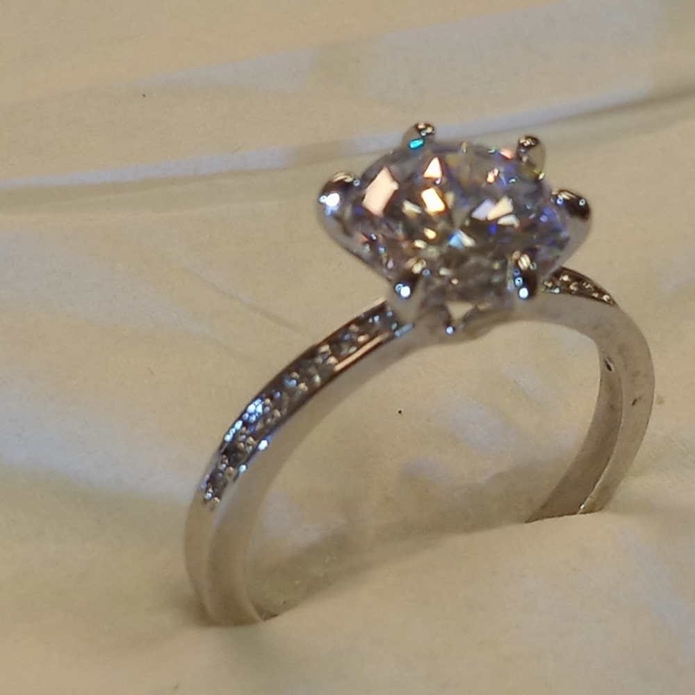 Solitaire Diamond Headed Silver Ring - image 5